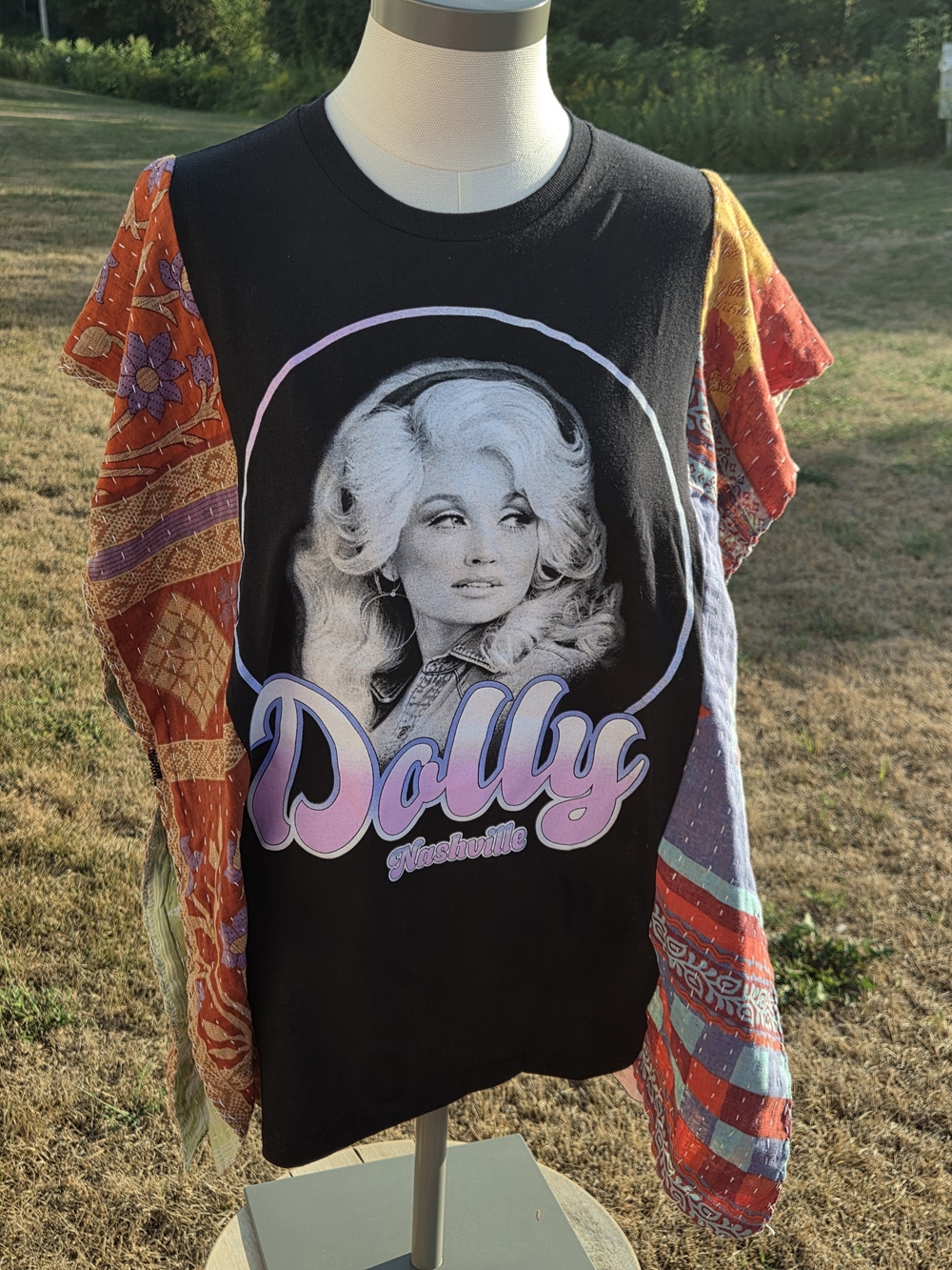 Black 'Dolly' Graphic Tee with Colorful Patchwork Sleeves